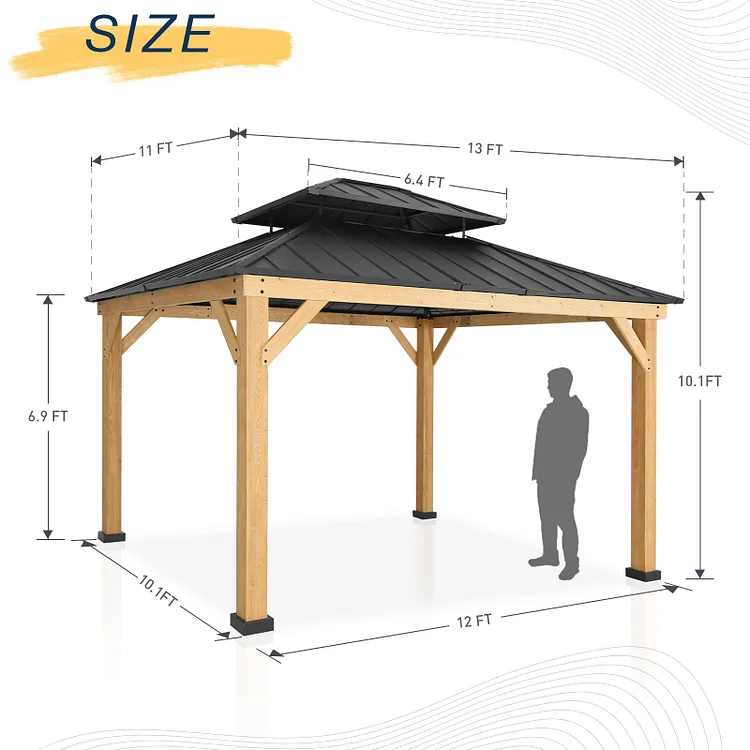 11 x 13 FT Outdoor Double Roof Hardtop Wood Gazebo | JOYSIDE