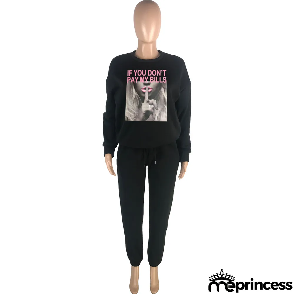 Plus Size Plush Print Sweatshirt And Pant Sport 2 Piece Set