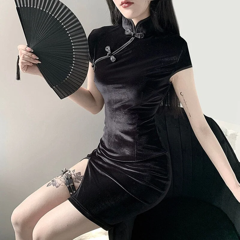 InsGoth Retro Mini Dress Women Bodycon Cheongsam Mini Dress Gothic Party Elegant Solid Black Red Pink Female Dress