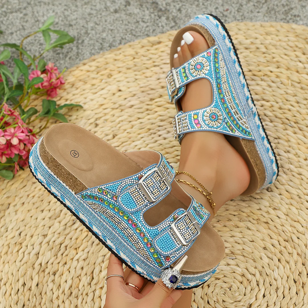 Breakj Breakj New Thick Bottom Rope Double Buckle Drill Softwood Beach Slippers Large Size Women's Shoes