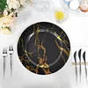 10 Pack | Marble Disposable 13" Charger Plates, Cardboard Serving Tray, Round with Leathery Texture - Black/Gold - 1100 GSM