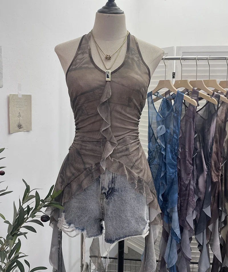 Uveng Vintage 2024 New Personality Tie Hottie Wind Hanging Sleeveless Top Ribbon Vest 9967