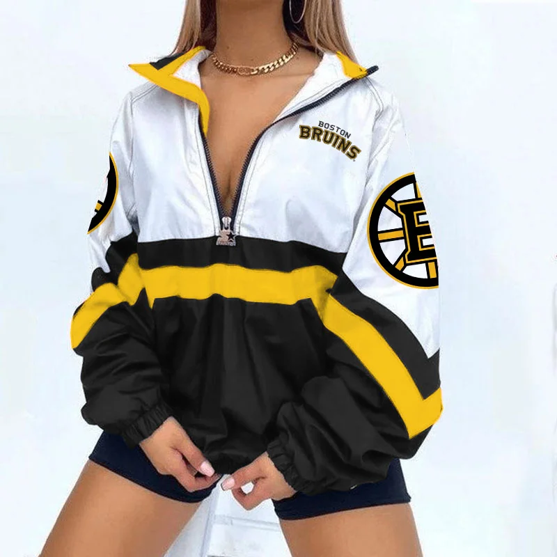 Women's Support Boston Bruins Jackets Hockey Print V Neck Zipper Sweatshirt Jacket