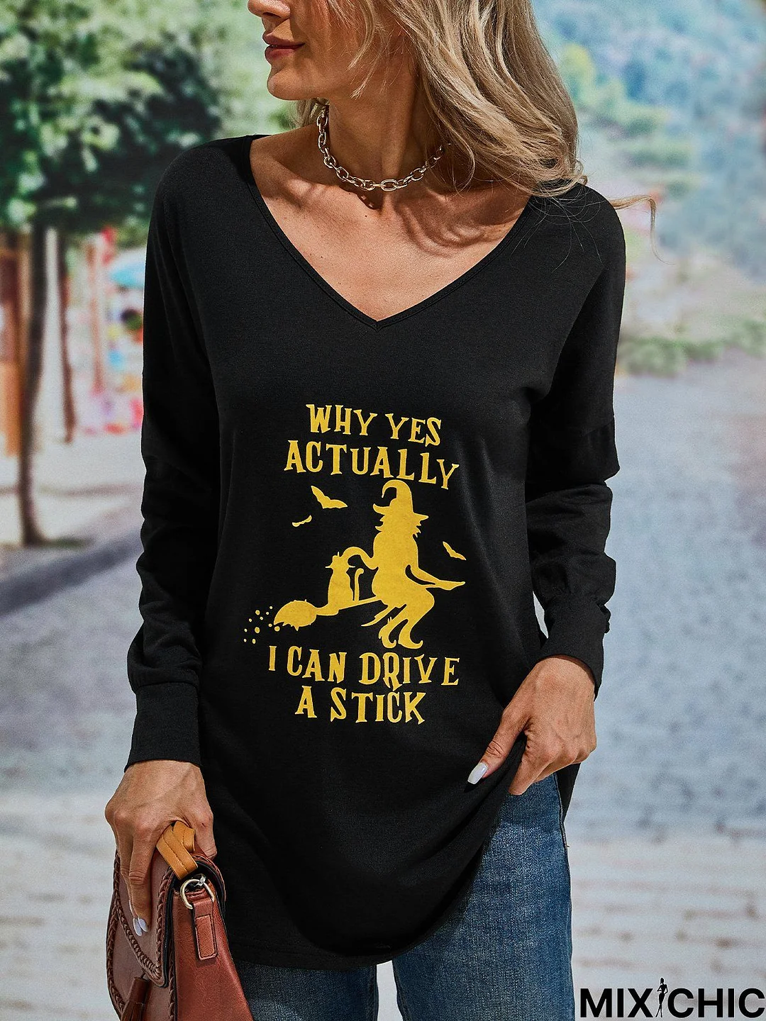 Casual Long Sleeve V Neck Printed Top Tunic T-Shirt Halloween