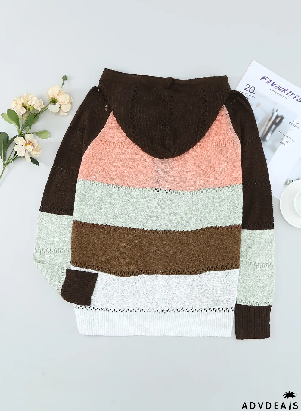 Brown Zipped Front Colorblock Hollow-out Knit Hoodie