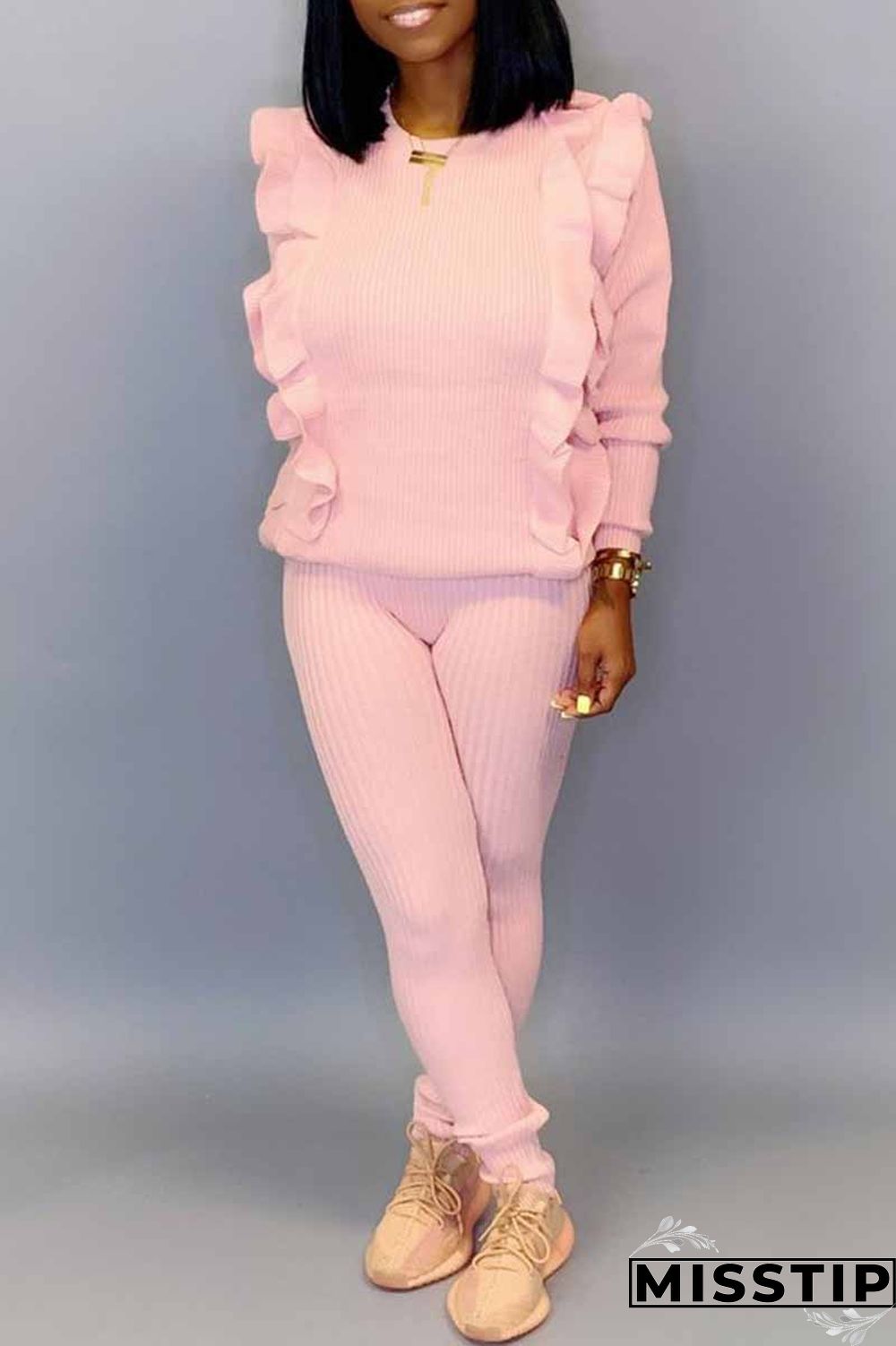 Pink Fashion Casual Solid Patchwork O Neck Long Sleeve Two Pieces