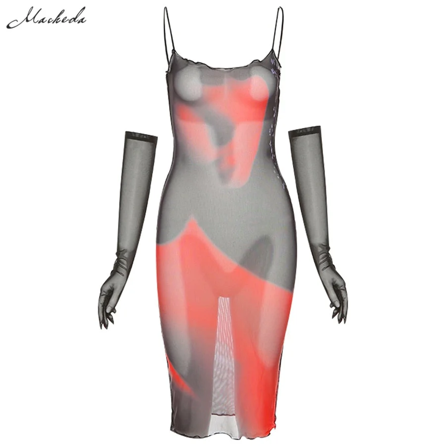 Macheda Summer Sexy Mesh See Through Print Sling Dress Women Fashion Removable Long Sleeve Clothing Lady Slim Dresses 2021 New