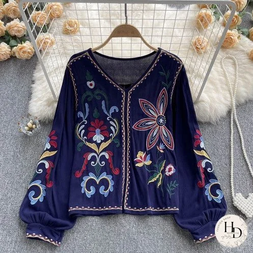 Retro heavy industry embroidered top women's spring and autumn new V-neck loose lantern sleeves ethnic style cotton and linen shirt