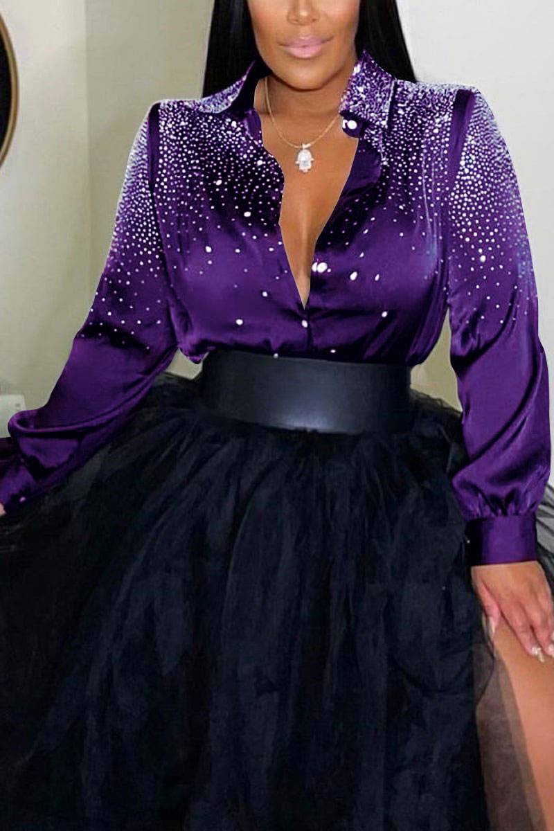 Plus Size Purple Sequin Turndown Collar Long Sleeve Shirts