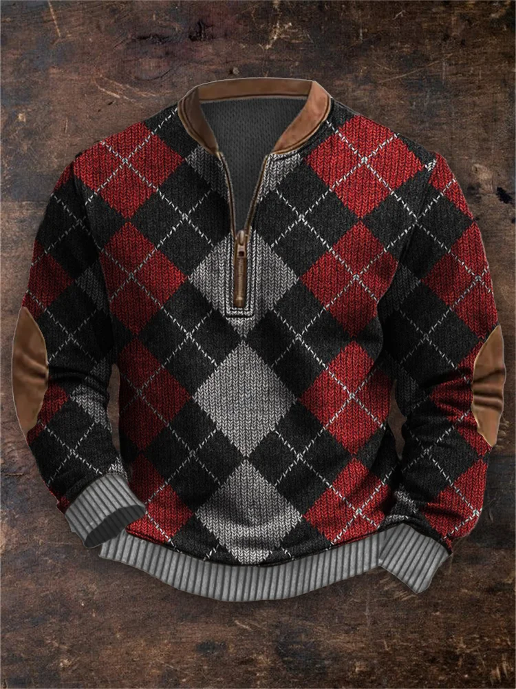 Men's Vintage 70s Argylle Pattern Knit Cozy Sweatshirt