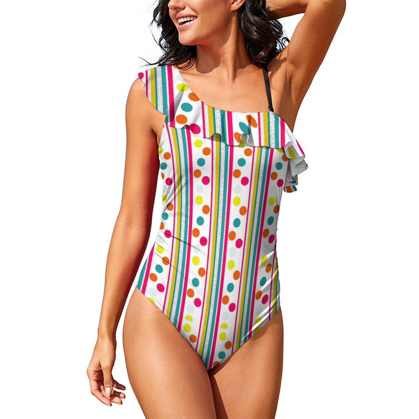 Women's Stripes Polka Dots One Shoulder Ruffle Tummy Control One Piece Swimsuits