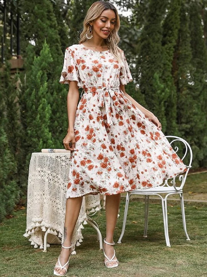 Printed Lotus Leaf Sleeve Round Neck Dress