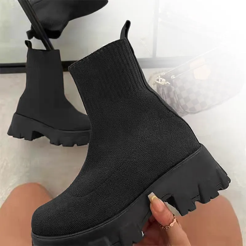 Ankel Boots for Women Platform Black Shoes Knitted Sock Booties Woman Fashion Motorcycle Boots Botas De Invierno Para Mujer