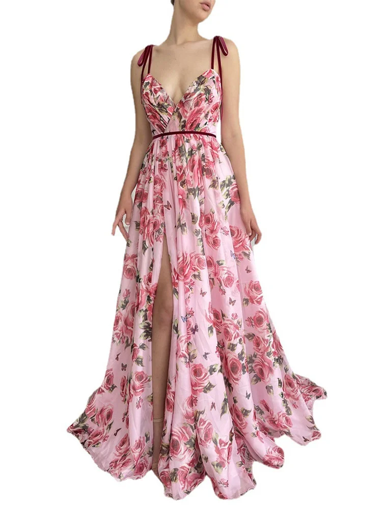 Rose Print Boho Chiffon Party Strap V-Neck Slit Hem Sexy Sling Evening Dress