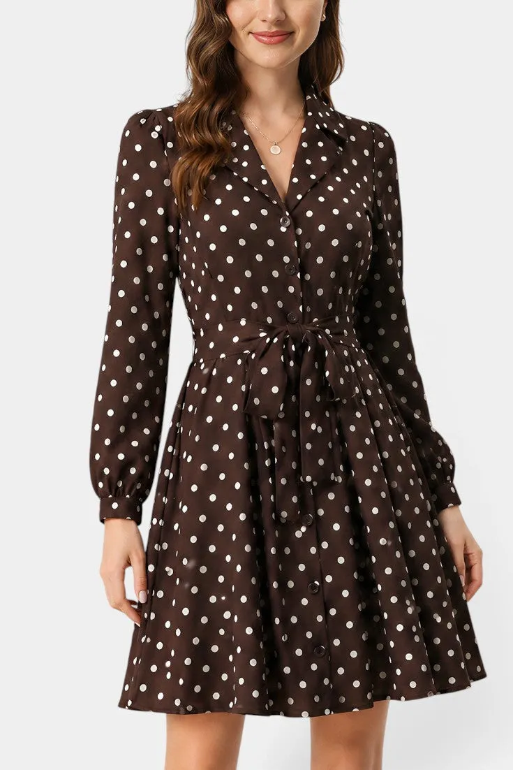 Polka Dot Shirt Dress with Tie Waist & Long Sleeves
