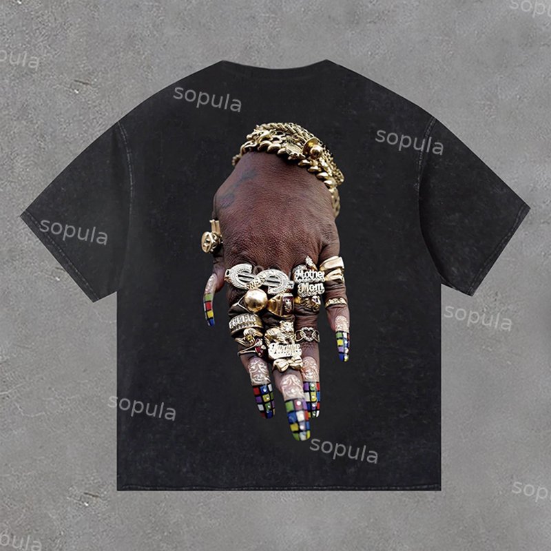 Sopula Fashionable Colorful Art Bracelet And Ring Print Washed T-Shirt - SOPULA