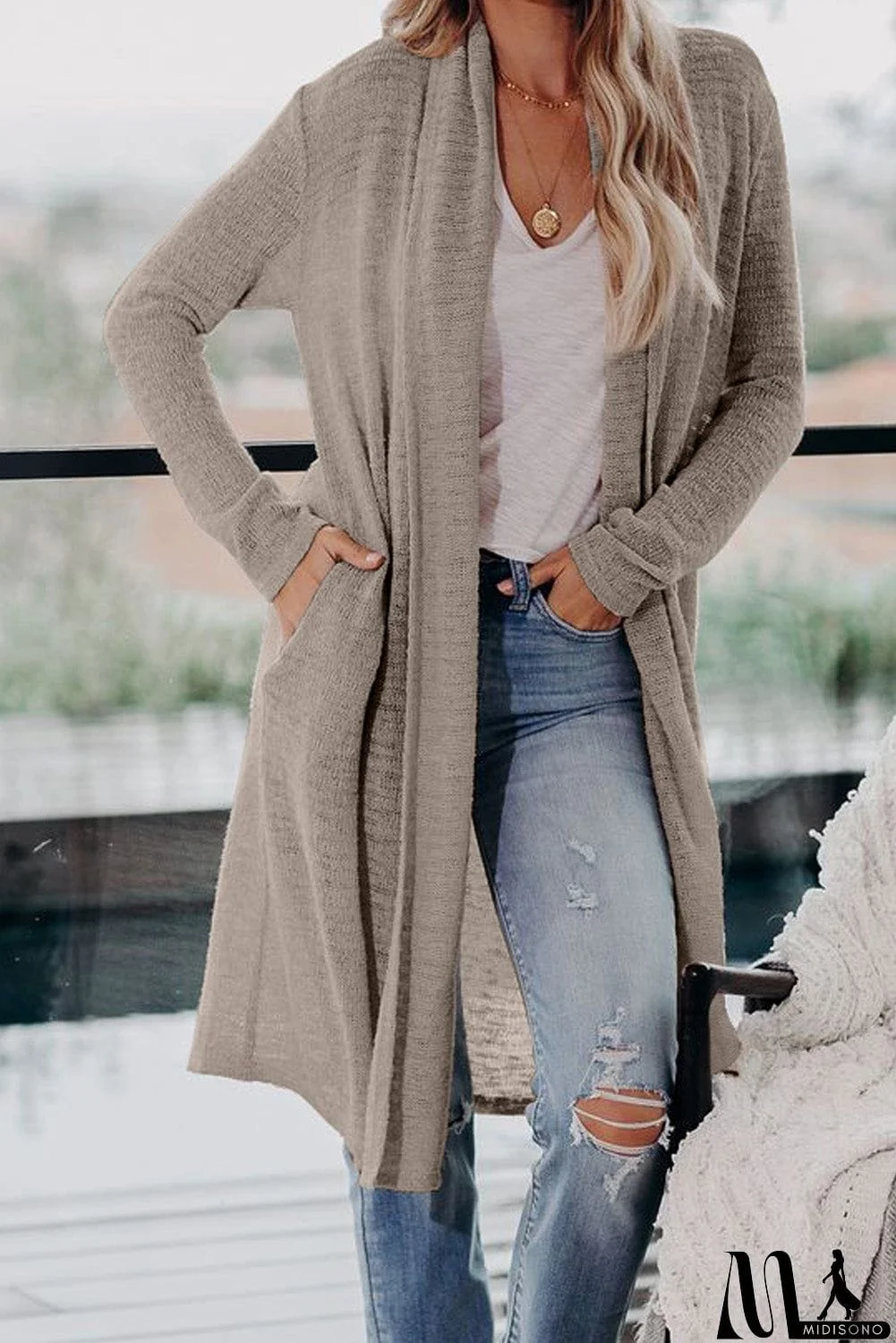 MidiSono - Slouchy Pocketed Knit Longline Cardigan