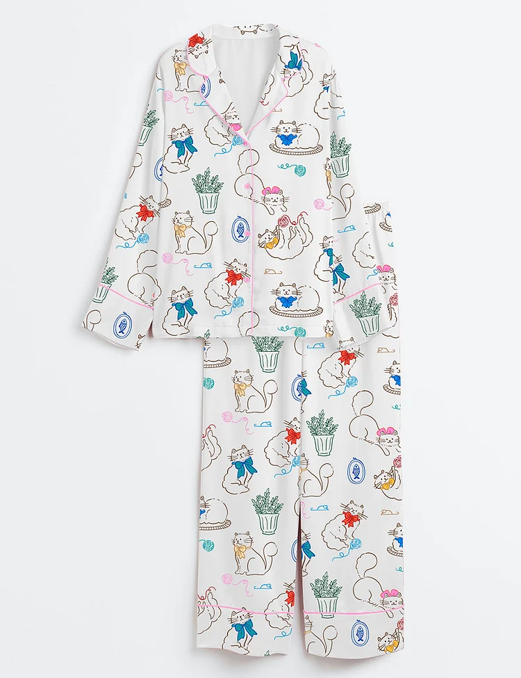 Women&rsquo;s Cat With A Bow Playing With Balls Of Yarn And Potted Plant Long Sleeve Satin Pajama Set