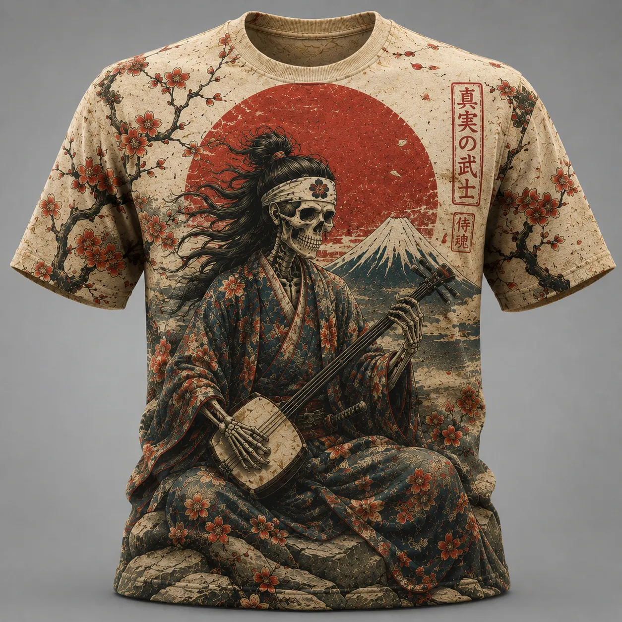 Men's Japanese Ukiyo-e Style Skeleton Blossom Art Graphic Print Casual T-shirt  artssus