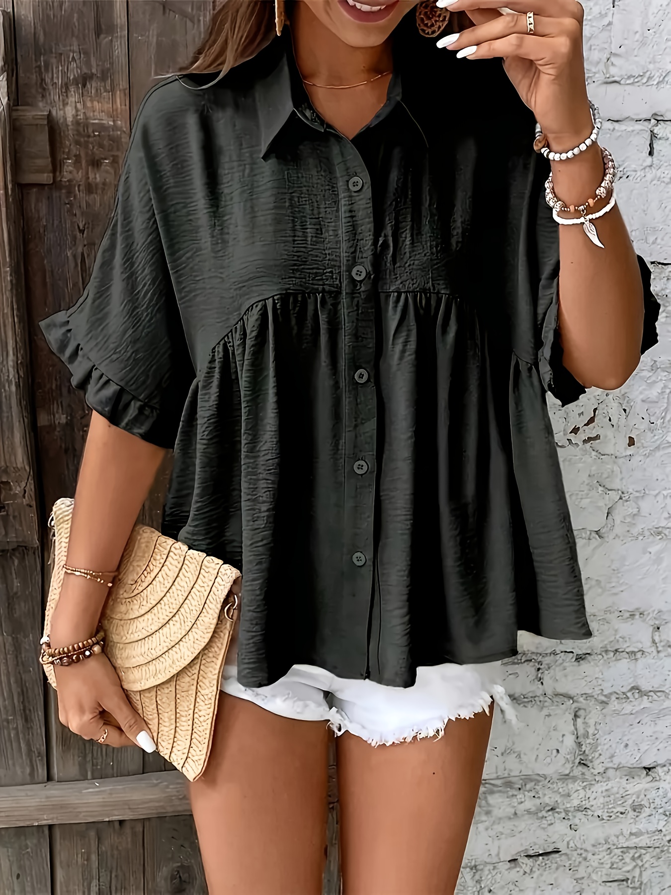 Women's Collar Blouse With Ruffled Short Sleeves - Solid Color Machine-Washable Top For Spring/Summer, Regular Fit Casual & Formal Outfits, Outdoor Clothing, Elegant Style, Breathable Material, Office Wear | IFYHOME