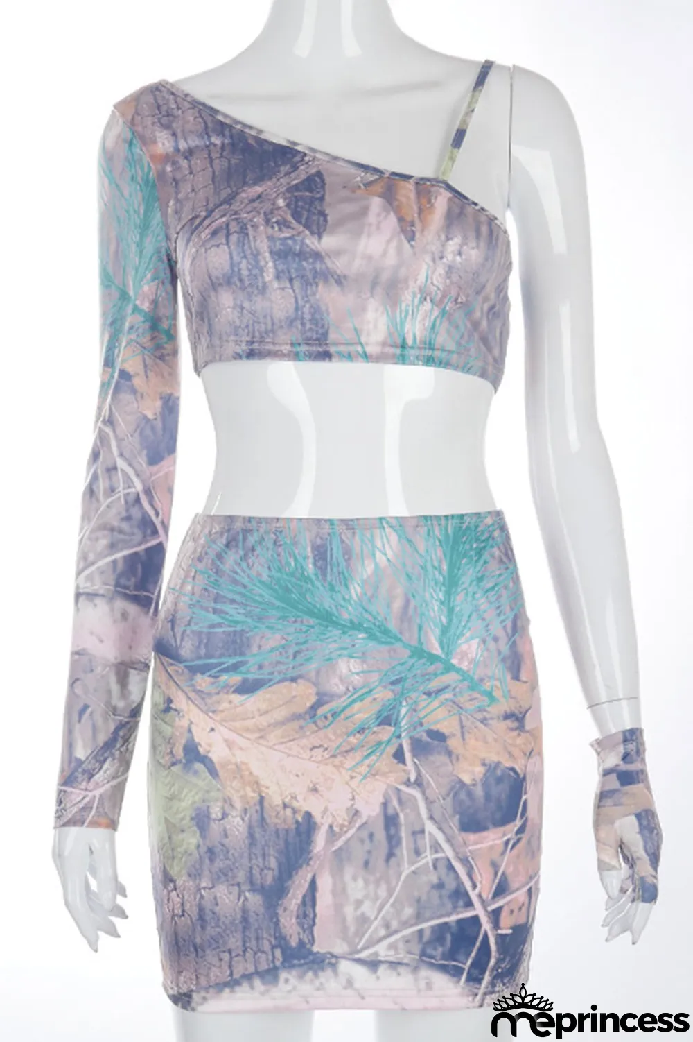 Grey Celebrities Print Floral Oblique Collar Long Sleeve Two Pieces