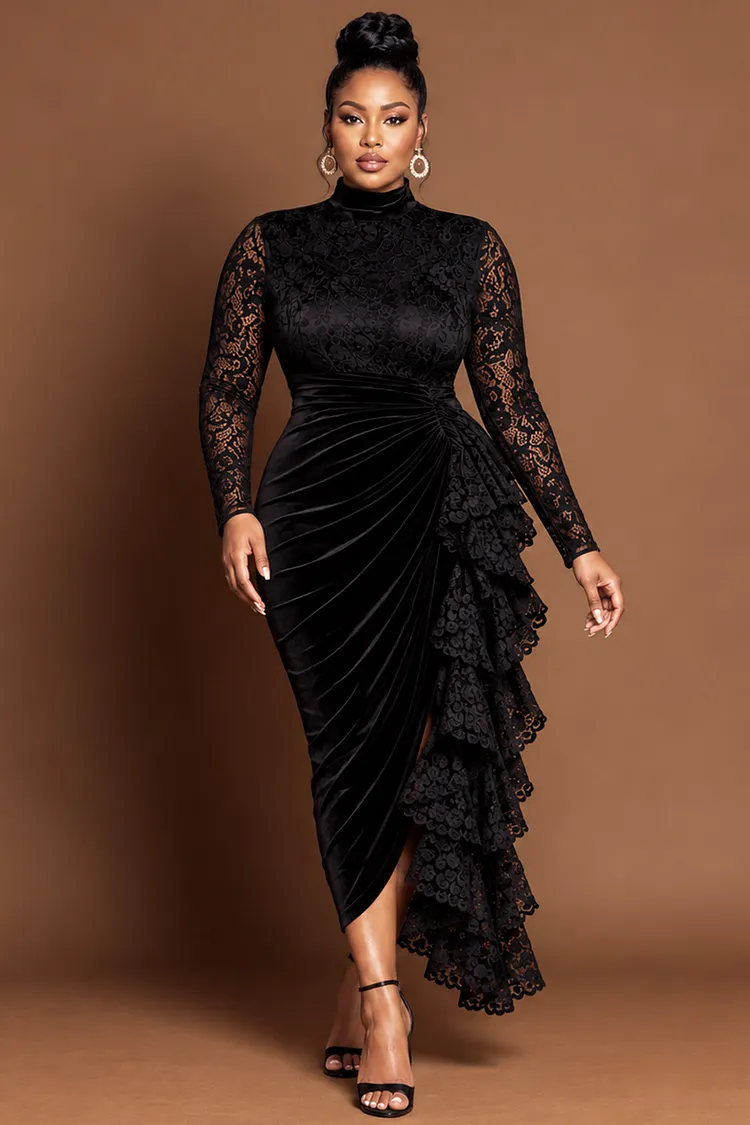 Xpluswear Design Plus Size Wedding Guest Velvet Black Mock Neck Long Sleeve Fold Ruffle Lace Midi Dresses [Pre-Order] 2024 - Xpluswear
