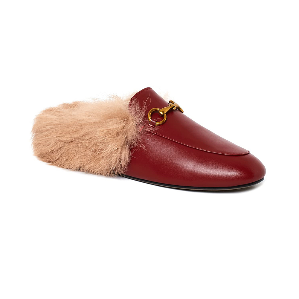 Wine Rabbit Fur Flats Mules Shoes-vocosishoes