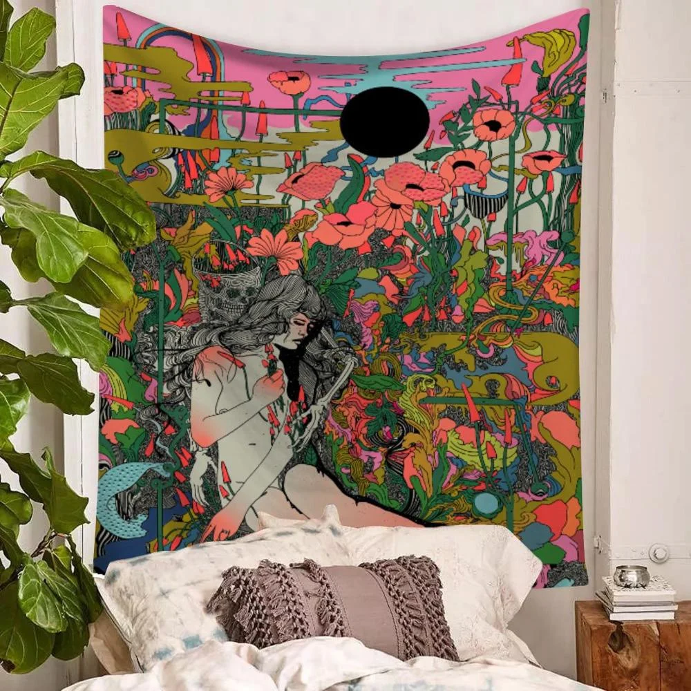 Watercolor Banshee Tapestry Wall Hanging Polyester Thin Section Nordic Girl Bedroom Painting Beach Towel Yoga Mat