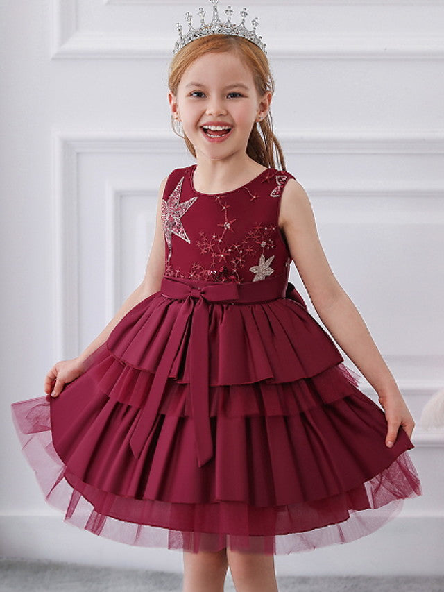 Oknass Ball Gown Sleeveless Jewel Neck Flower Girl Dresses Tulle Mikado  With Bow Tier  Paillette