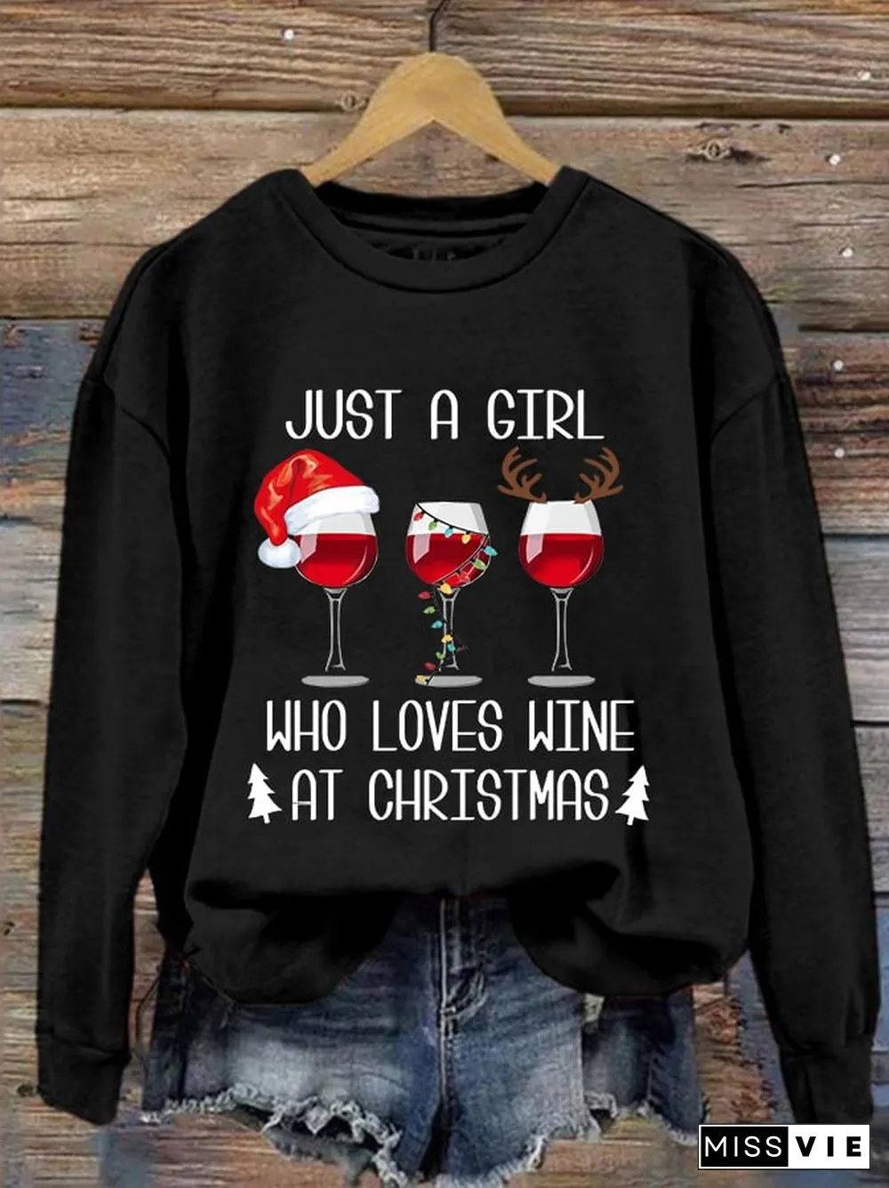 Women's Just A Girl Who Loves Christmas Red Wine Glass Print Crew Neck Sweatshirt