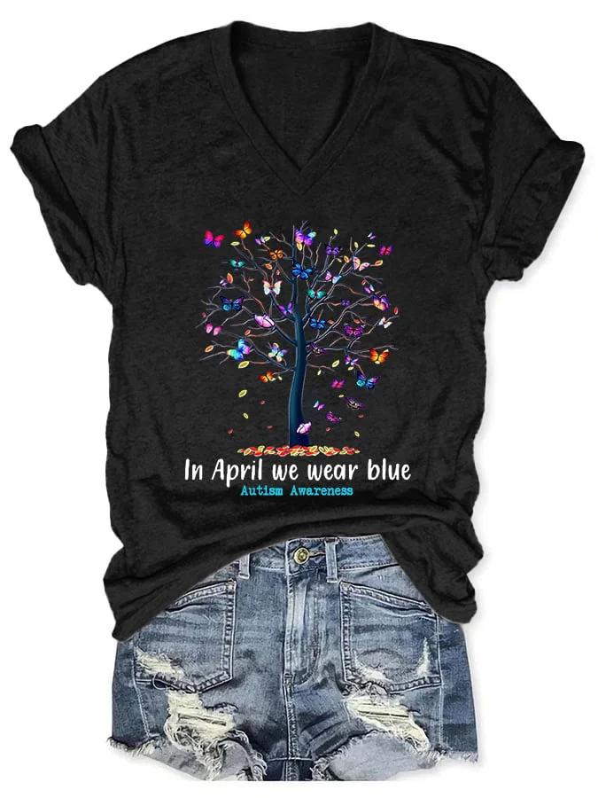 V-neck Butterfly Tree Autism Awareness In April We Wear Blue Print T-Shirt