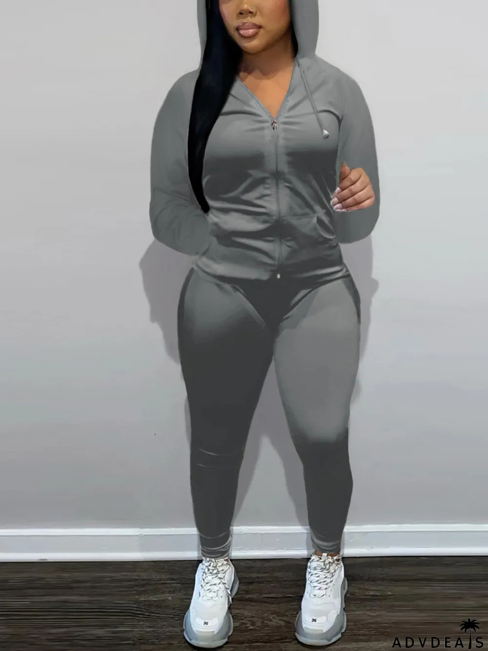 Fashion Zipper Hooded And Pants Two Piece Set