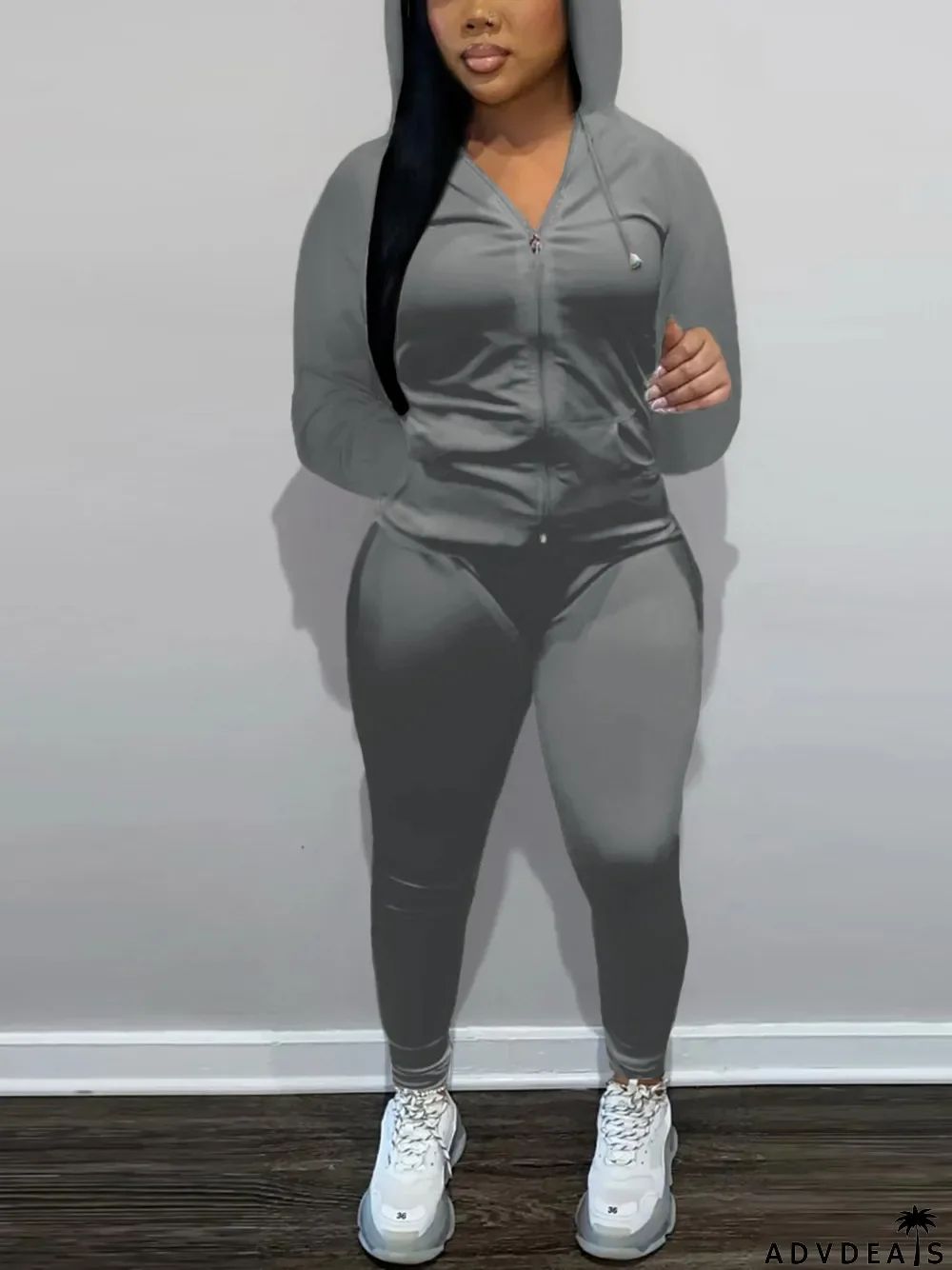 Fashion Zipper Hooded And Pants Two Piece Set