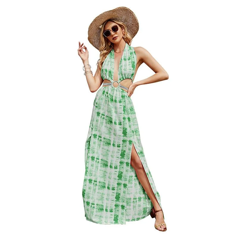 Flowered Dress For Women Halterneck Strap Split Big Swing Maxi Dress