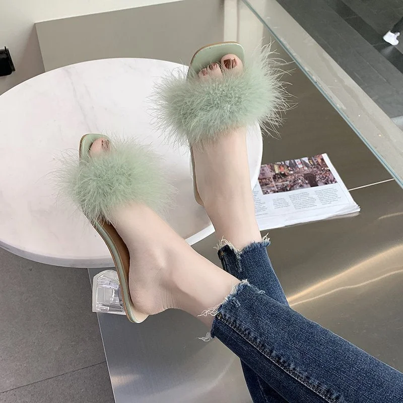 Woman Shoes Transparent Crystal High Heels Woman Feather Fur Slippers Pumps Women Peep Toe Lady Cute Plush Slippers 2021