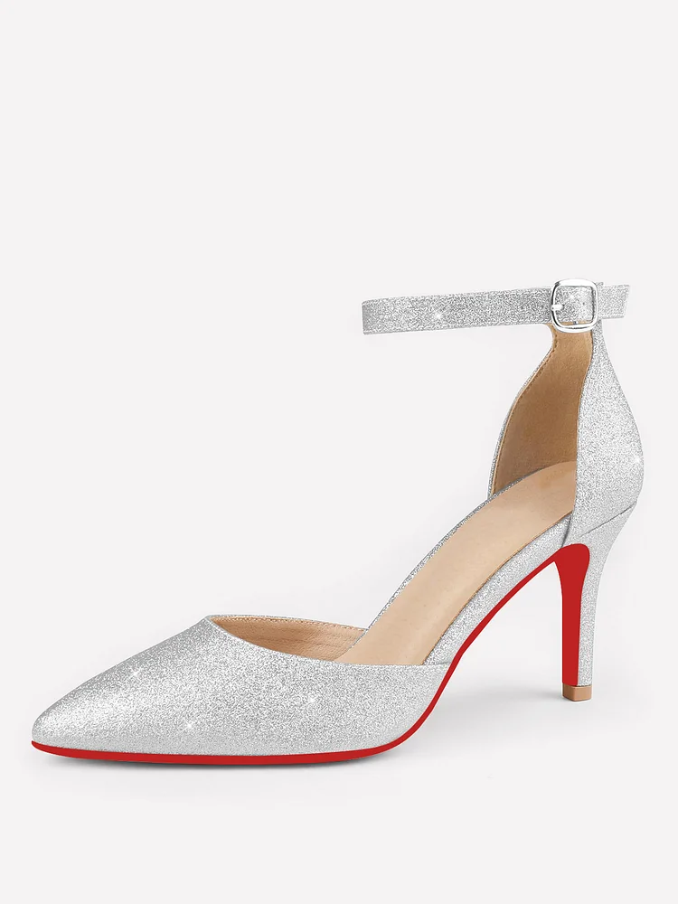 80mm Women's Closed Toe Heels Pumps for Women Stiletto Pointed Toe Ankle Strap Heels Red Bottoms Shoes