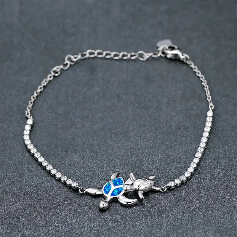 Cute Female Blue Fire Opal Sea Turtle Bracelet Small Round Stone Bracelet Rose Gold Silver Color Chain Bracelets For Women