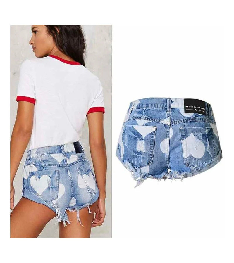 Fashion Women Medium-waisted Heart Design Denim Shorts