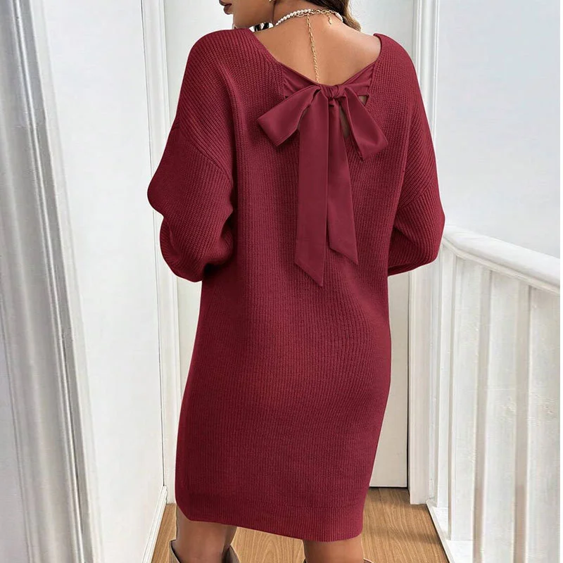 Athvotar Athvotar And Winter New Loose Knitting V-Neck Bow Long-Sleeved Sweater Dress Girl