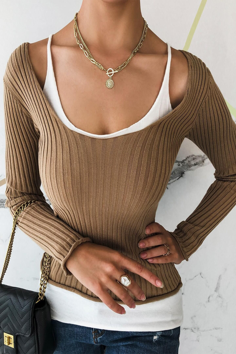 Cold Shoulder Fake Two Pieces Sweater