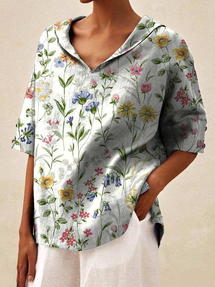 Women' Vintage Floral Art Print Casual Linen V-neck Shirt