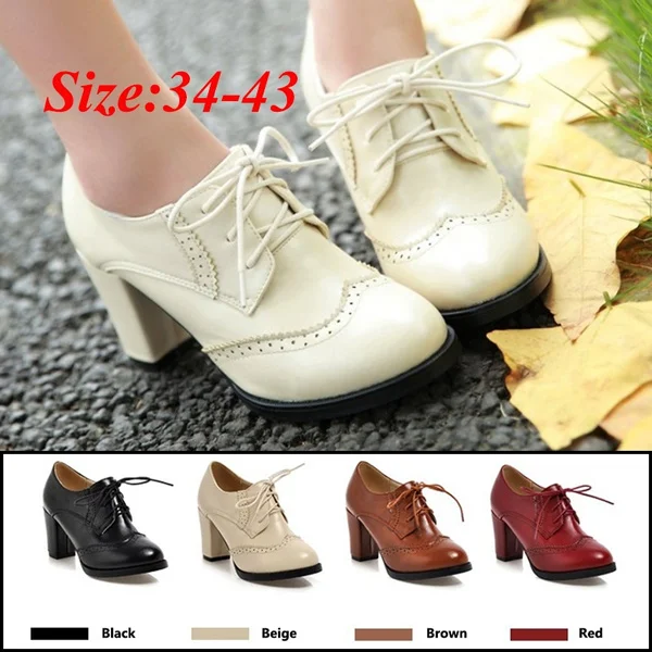 Autumn Vintage Lace Up Women Pumps Cut Out Oxford Shoes Chunky Heel Patent Leather High Heels Lady Ankle Boots