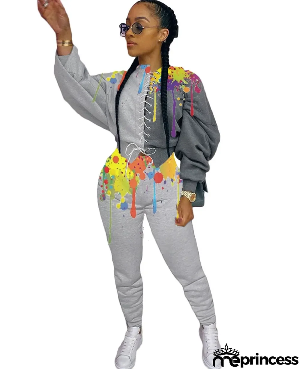 Autumn Paints Print Lace Up Crop Top and Pants Set