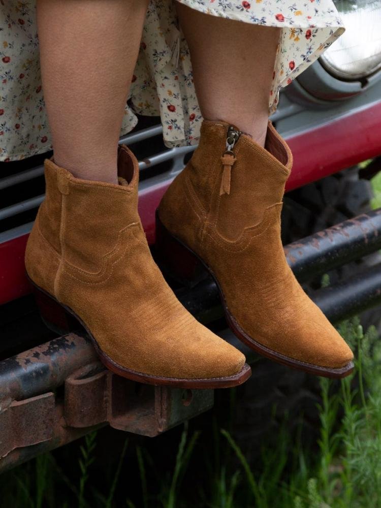 Brown Stitch Zip Snip Toe Slanted High Heel Cowgirl Ankle Boots