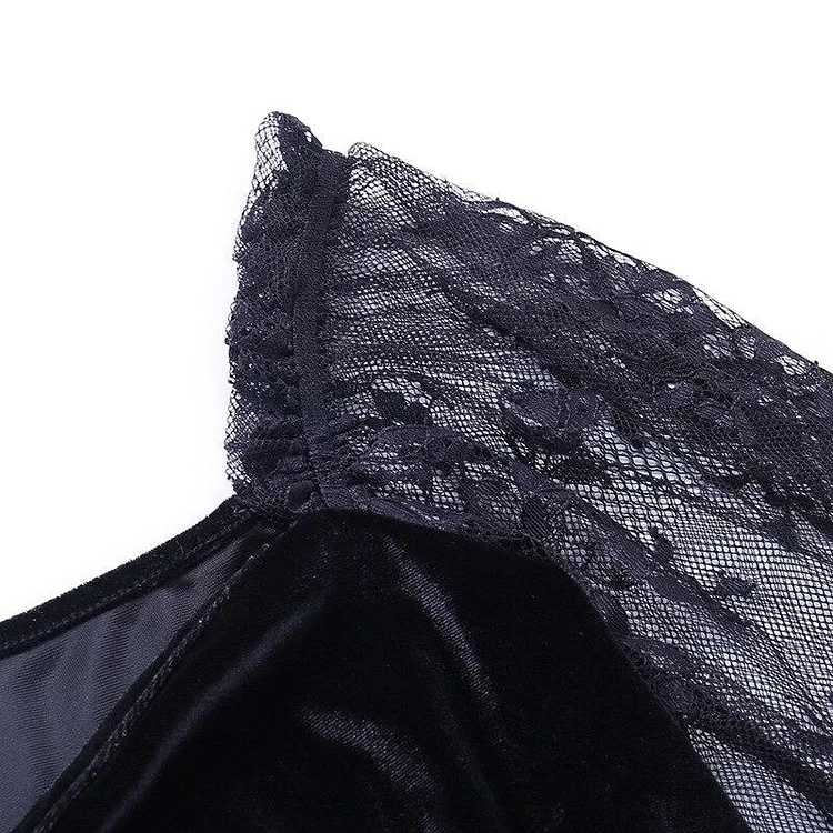 Goth Velvet Long Sleeve Laced Black Mini Dress