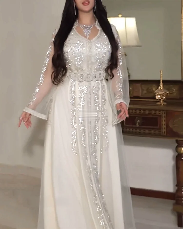 Women's Long Sleeve Mesh Sequin Kaftan Dress