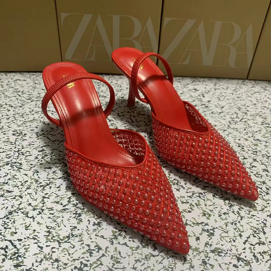 Breakj Breakj Home 2025 New Pointed Shoes Slippers And Women's Fine With 2025 Summer New Hollow Mesh Yarn Half Drag Woman