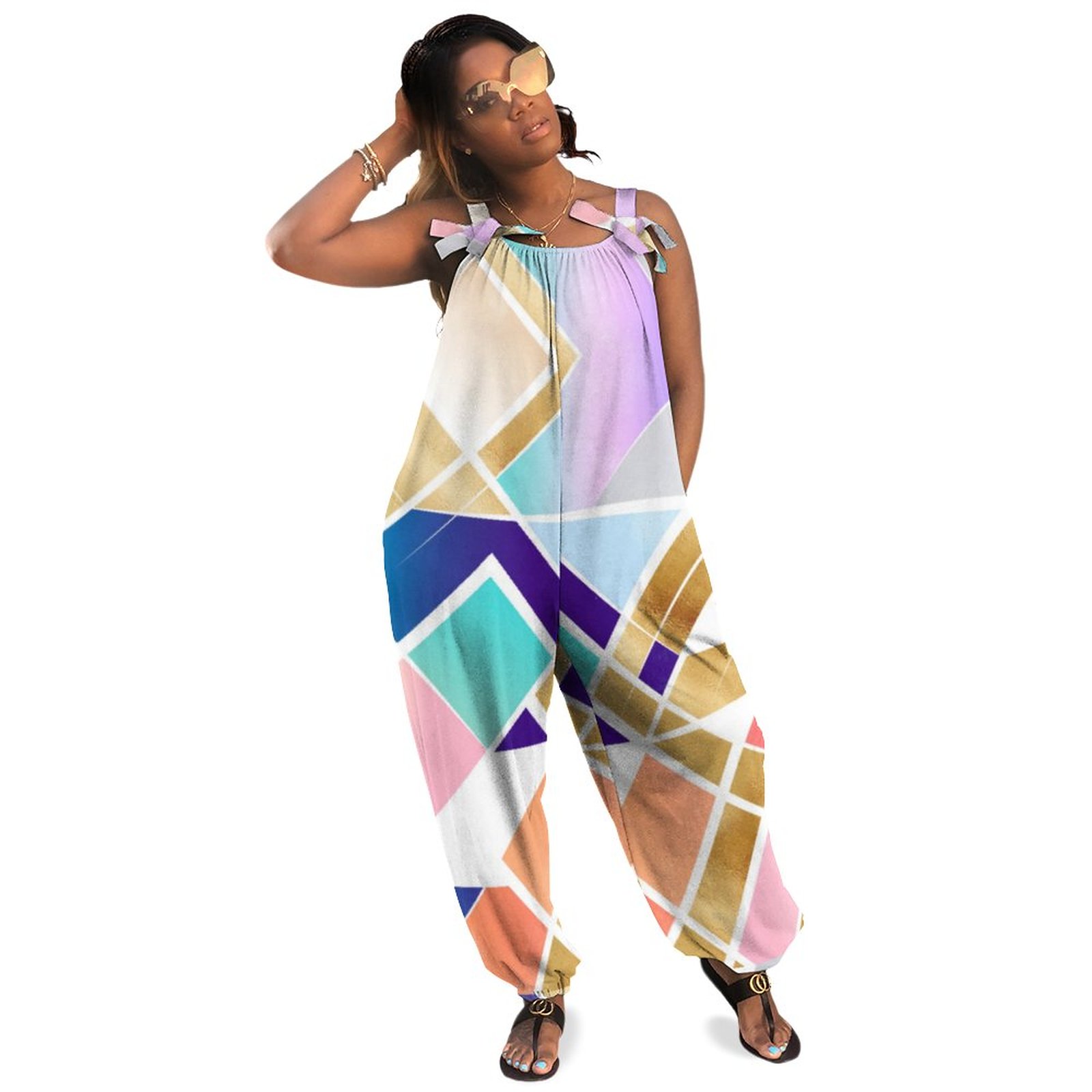 Modern Gold Geometric Colorful Design Plus Size Women Rompers Summer Casual Loose African Jumpsuit Womens XL Athletic Boho Pockets Long Length