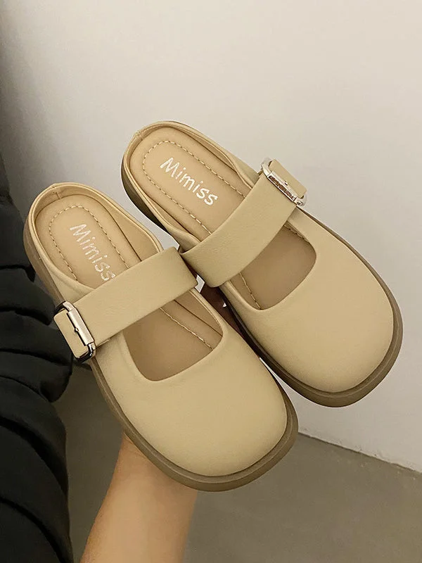 Belt Buckle Round-Toe Shallow Cut Split-Joint Platform Shoes Slippers&Mules