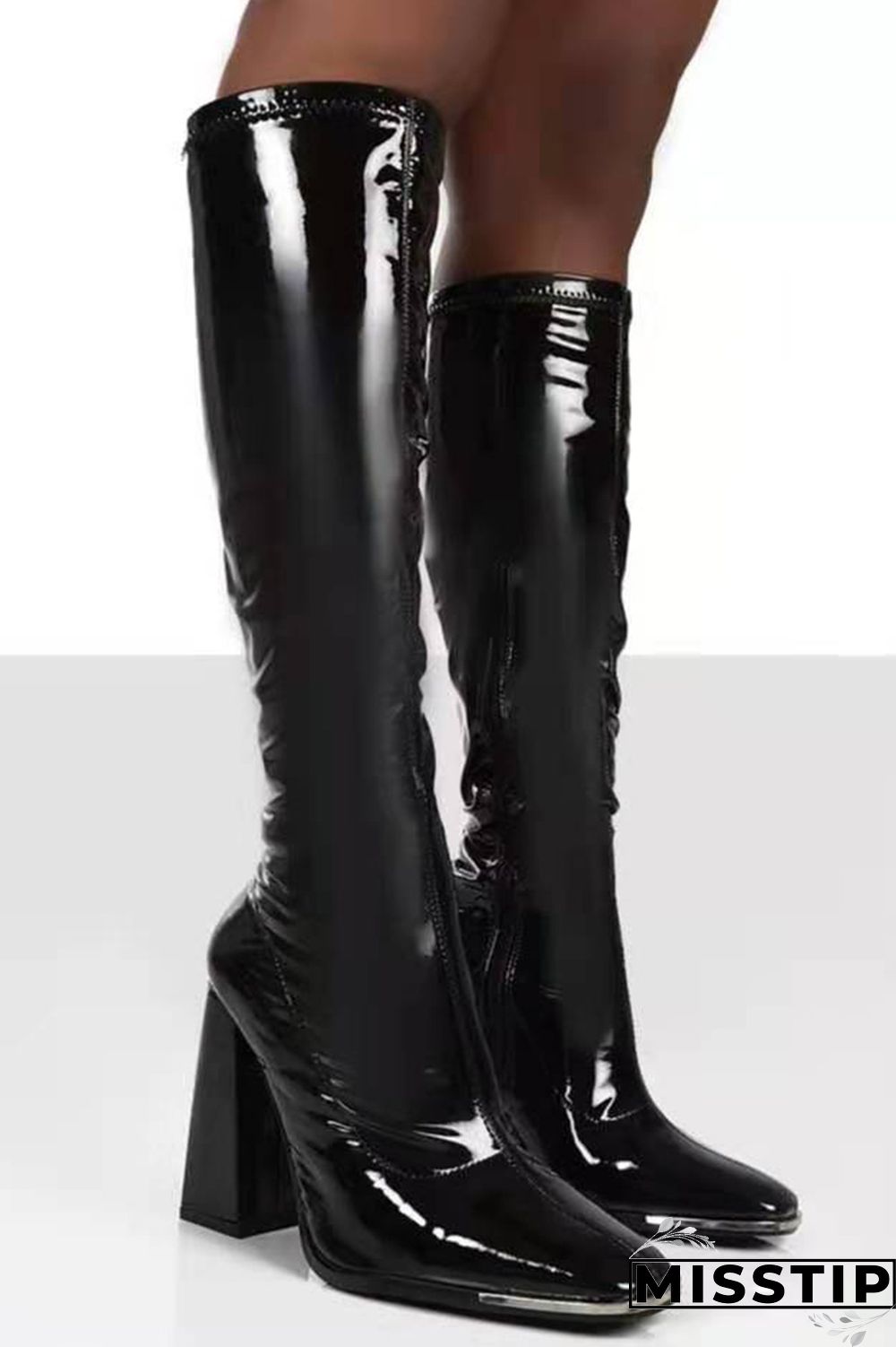 Light Blue Fashion Patchwork Solid Color Pointed Thick Heel High Heel Long Boots